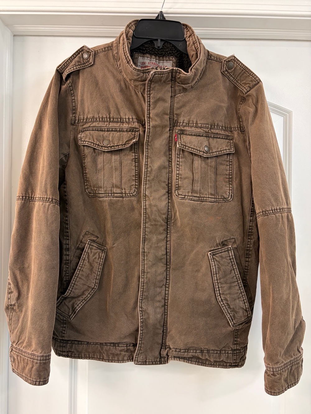 Levis Military Field Jacket canvas Brown Utility Trucker Sherpa Lined Coat SZ M
